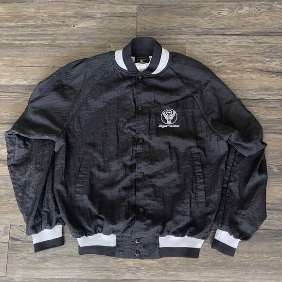 Vtg Jagermeister Bomber Jacket Logo Black Nylon K-Products Made In USA Men M EUC - Picture 1 of 11